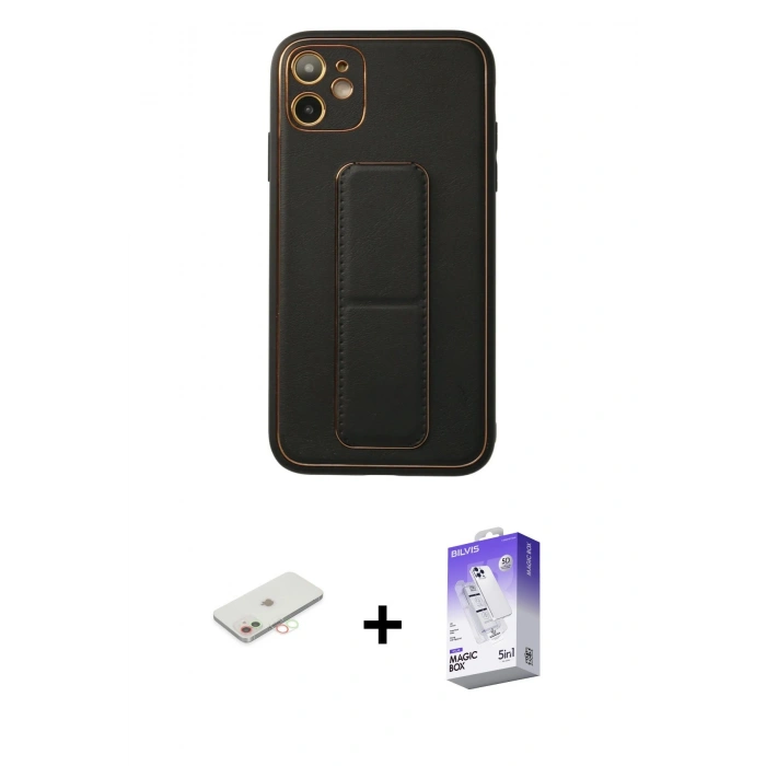 MARSİLYAN™- iPhone 12 Kılıf Akış Doku - Siyah Bilvis 5in1 3D Magic Cam Ekran Koruyucu + Renkli Kamera Lens Koruma Cam - YL