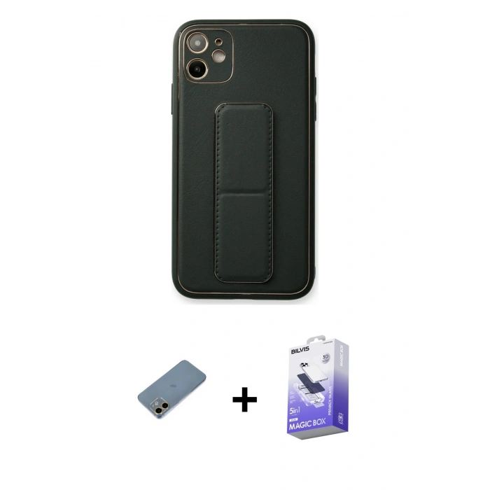 MARSİLYAN™- iPhone 12 Kılıf Akış Doku - Siyah Bilvis 5in1 5D Magic Hayalet Cam Ekran Koruyucu + Shine Kamera Lens Koruma Cam - GD