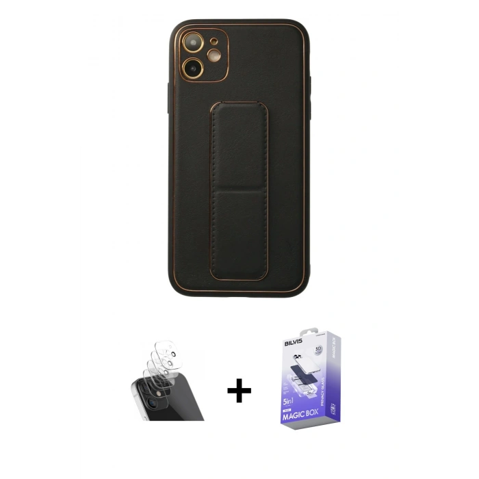 MARSİLYAN™- iPhone 12 Kılıf Akış Doku - Siyah Bilvis 5in1 5D Magic Hayalet Cam Ekran Koruyucu + Kamera Lens Koruma Cam - SF