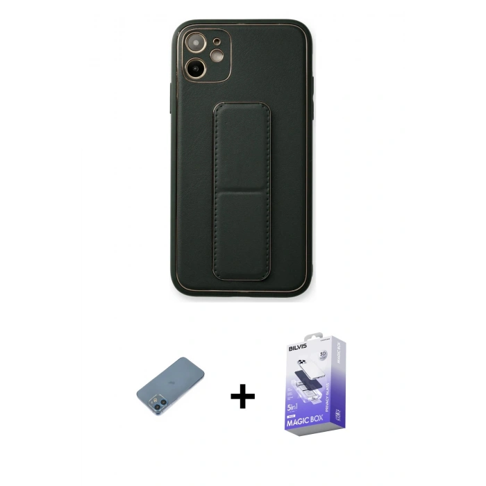 MARSİLYAN™- iPhone 12 Kılıf Akış Doku - Siyah Bilvis 5in1 5D Magic Hayalet Cam Ekran Koruyucu + Shine Kamera Lens Koruma Cam - MI