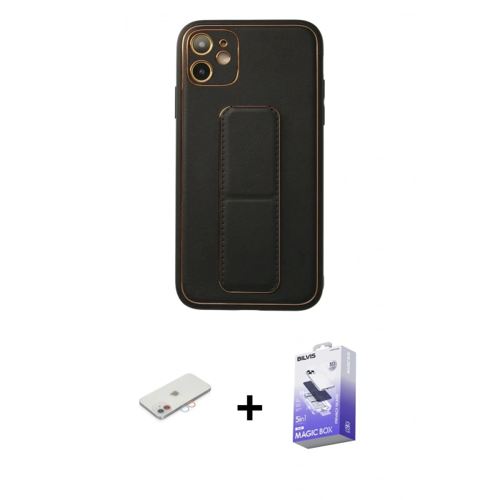MARSİLYAN™- iPhone 12 Kılıf Akış Doku - Siyah Bilvis 5in1 5D Magic Hayalet Cam Ekran Koruyucu + Pembe Renkli Kamera Lens Koruma Cam