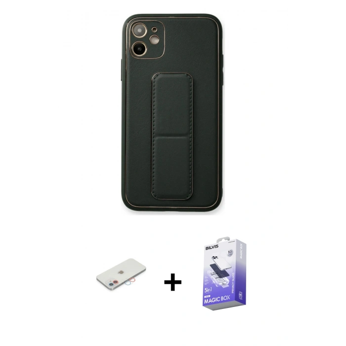 MARSİLYAN™- iPhone 12 Kılıf Akış Doku - Siyah Bilvis 5in1 5D Magic Hayalet Cam Ekran Koruyucu + Pembe Renkli Kamera Lens Koruma Cam