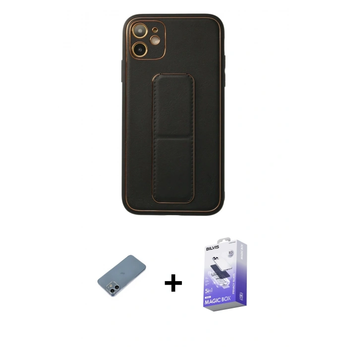 MARSİLYAN™- iPhone 12 Kılıf Akış Doku - Siyah Bilvis 5in1 5D Magic Hayalet Cam Ekran Koruyucu + Shine Kamera Lens Koruma Cam - SABE