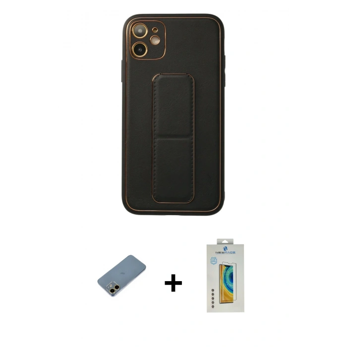 MARSİLYAN™- iPhone 12 Kılıf Akış Doku - Siyah Polymer Nano Ekran Koruyucu + Shine Kamera Lens Koruma Cam - GD