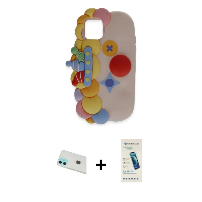 MARSİLYAN™- iPhone 12 Kılıf Akış Yansıma - Şeffaf Pasifik Cam Ekran Koruyucu + Yeşil Rainbow Kamera Lens Koruma Cam