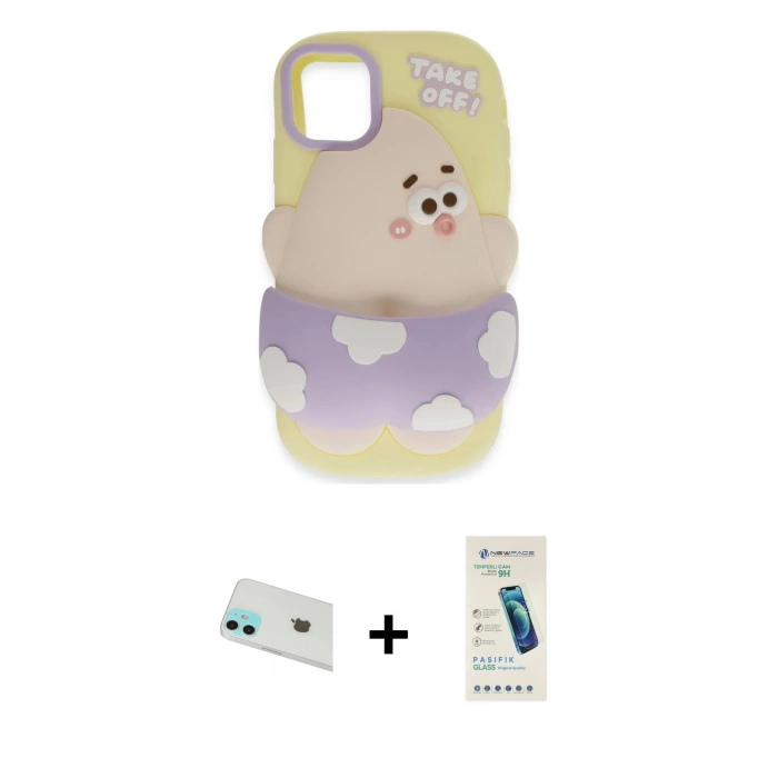 MARSİLYAN™- iPhone 12 Kılıf Akış Yansıma - Şeffaf Pasifik Cam Ekran Koruyucu + Yeşil Rainbow Kamera Lens Koruma Cam