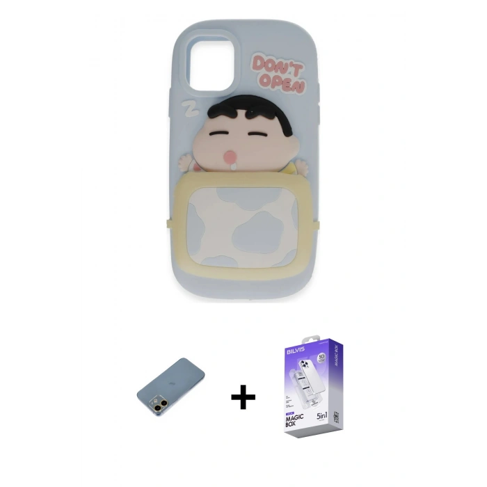 MARSİLYAN™- iPhone 12 Kılıf Akış Yansıma - Siyah Bilvis 5in1 3D Magic Cam Ekran Koruyucu + Shine Kamera Lens Koruma Cam - GD