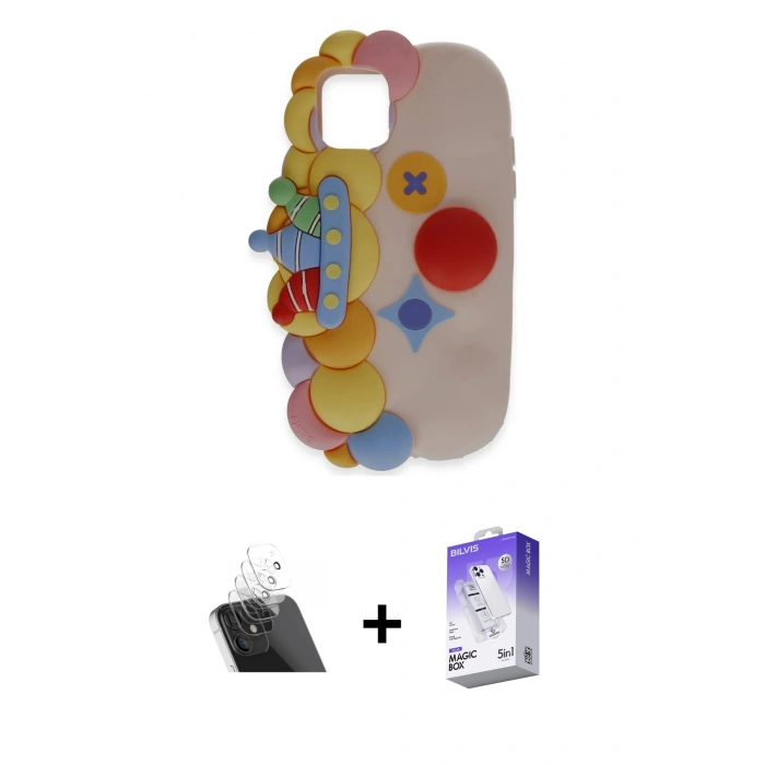 MARSİLYAN™- iPhone 12 Kılıf Akış Yansıma - Siyah Bilvis 5in1 3D Magic Cam Ekran Koruyucu + Kamera Lens Koruma Cam - SF