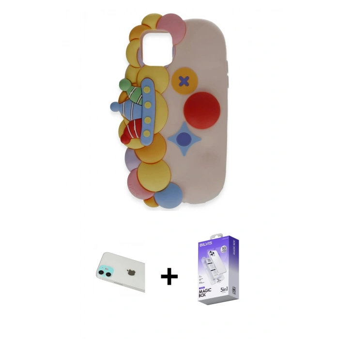 MARSİLYAN™- iPhone 12 Kılıf Akış Yansıma - Siyah Bilvis 5in1 3D Magic Cam Ekran Koruyucu + Rainbow Kamera Lens Koruma Cam - YL