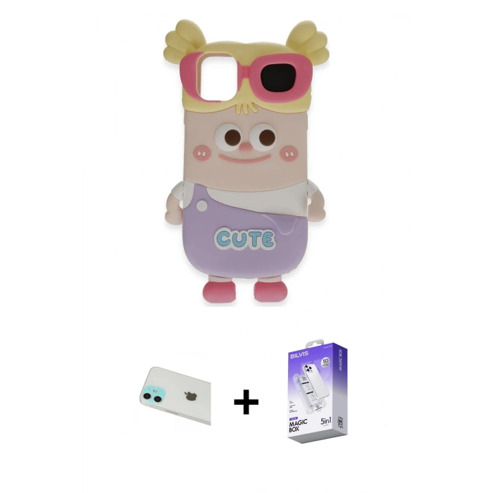 MARSİLYAN™- iPhone 12 Kılıf Akış Yansıma - Siyah Bilvis 5in1 3D Magic Cam Ekran Koruyucu + Rainbow Kamera Lens Koruma Cam - YL