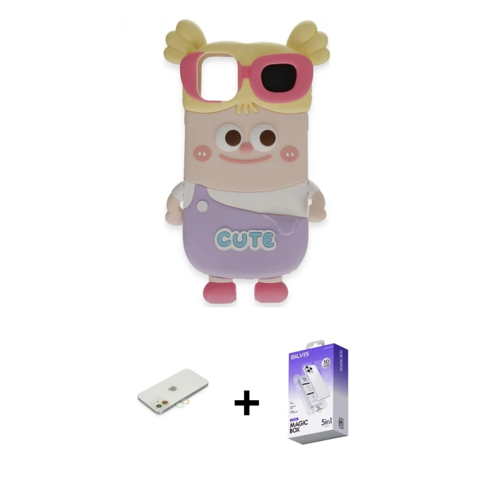 MARSİLYAN™- iPhone 12 Kılıf Akış Yansıma - Siyah Bilvis 5in1 3D Magic Cam Ekran Koruyucu + Renkli Kamera Lens Koruma Cam - TU