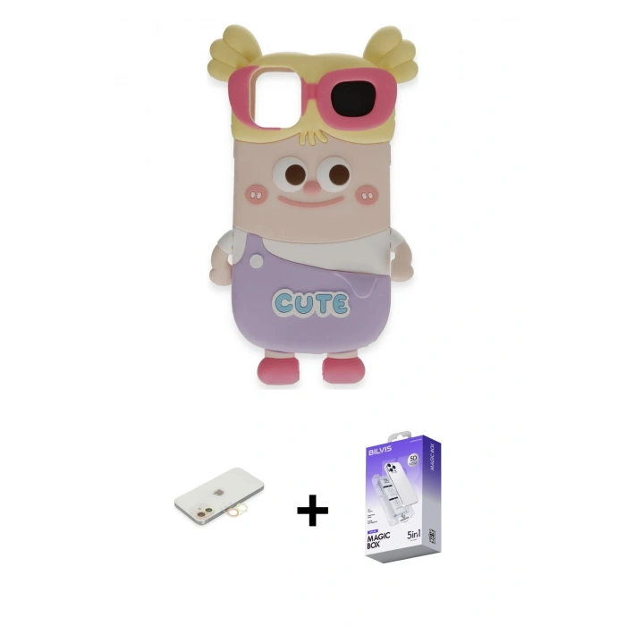MARSİLYAN™- iPhone 12 Kılıf Akış Yansıma - Siyah Bilvis 5in1 3D Magic Cam Ekran Koruyucu + Renkli Kamera Lens Koruma Cam - SI