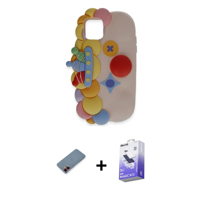 MARSİLYAN™- iPhone 12 Kılıf Akış Yansıma - Siyah Bilvis 5in1 5D Magic Hayalet Cam Ekran Koruyucu + Kırmızı Metal Kamera Lens Koruma Cam