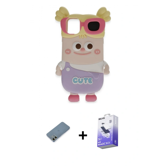 MARSİLYAN™- iPhone 12 Kılıf Akış Yansıma - Siyah Bilvis 5in1 5D Magic Hayalet Cam Ekran Koruyucu + Metal Kamera Lens Koruma Cam - AKYL