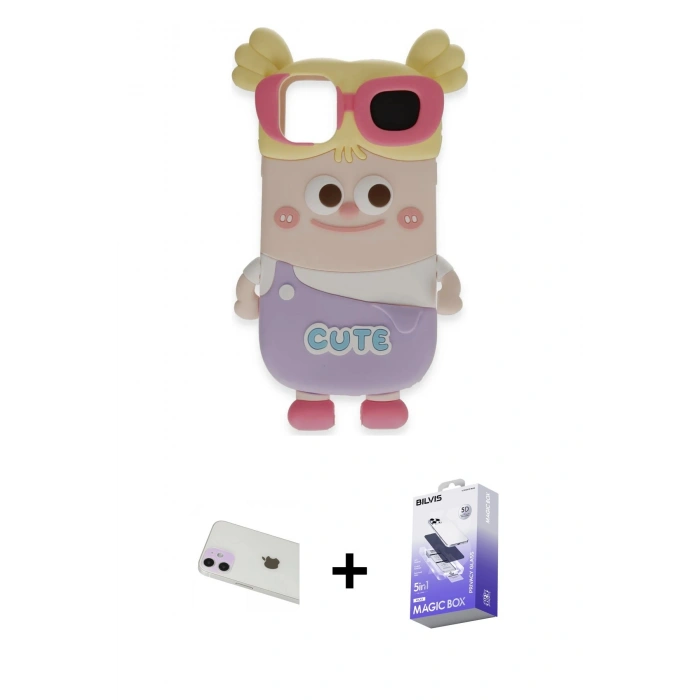 MARSİLYAN™- iPhone 12 Kılıf Akış Yansıma - Siyah Bilvis 5in1 5D Magic Hayalet Cam Ekran Koruyucu + Mor Rainbow Kamera Lens Koruma Cam