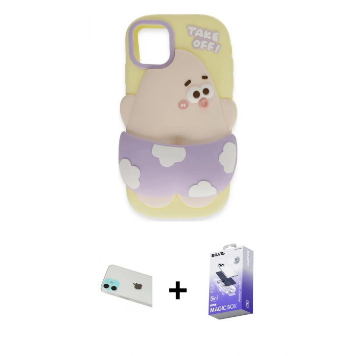 MARSİLYAN™- iPhone 12 Kılıf Akış Yansıma - Siyah Bilvis 5in1 5D Magic Hayalet Cam Ekran Koruyucu + Rainbow Kamera Lens Koruma Cam - YL