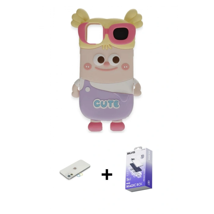 MARSİLYAN™- iPhone 12 Kılıf Akış Yansıma - Siyah Bilvis 5in1 5D Magic Hayalet Cam Ekran Koruyucu + Sarı Renkli Kamera Lens Koruma Cam
