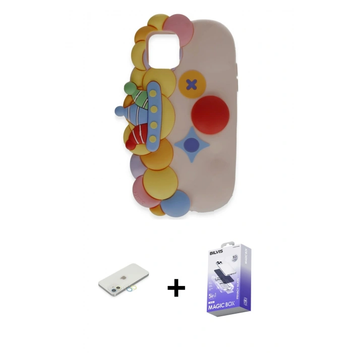 MARSİLYAN™- iPhone 12 Kılıf Akış Yansıma - Siyah Bilvis 5in1 5D Magic Hayalet Cam Ekran Koruyucu + Sarı Renkli Kamera Lens Koruma Cam