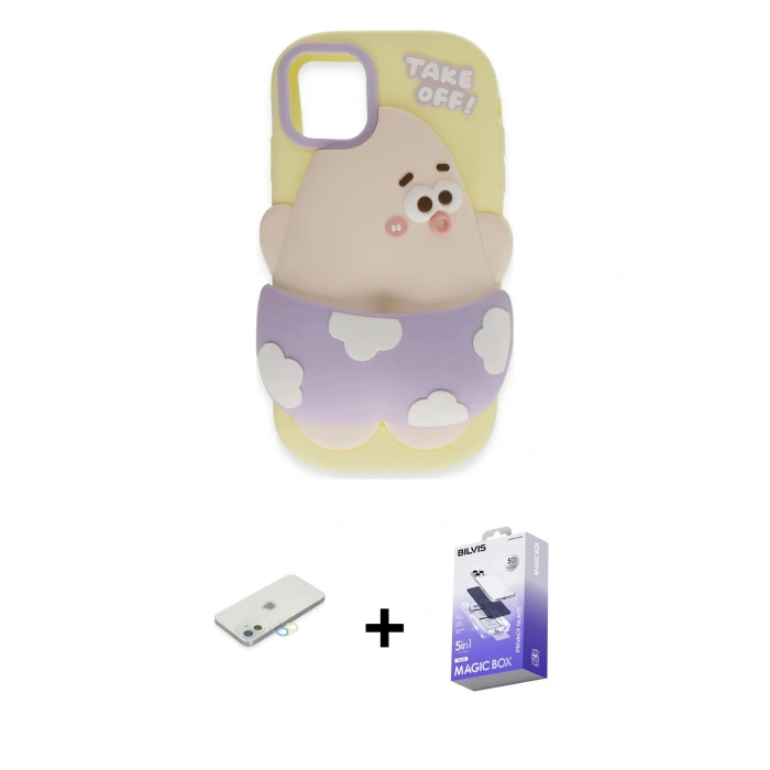 MARSİLYAN™- iPhone 12 Kılıf Akış Yansıma - Siyah Bilvis 5in1 5D Magic Hayalet Cam Ekran Koruyucu + Sarı Renkli Kamera Lens Koruma Cam