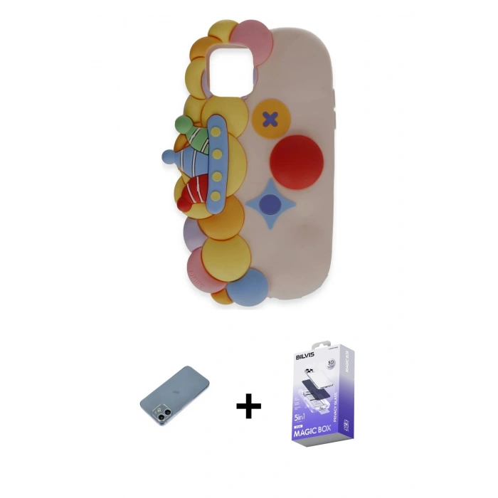 MARSİLYAN™- iPhone 12 Kılıf Akış Yansıma - Siyah Bilvis 5in1 5D Magic Hayalet Cam Ekran Koruyucu + Shine Kamera Lens Koruma Cam - SABE