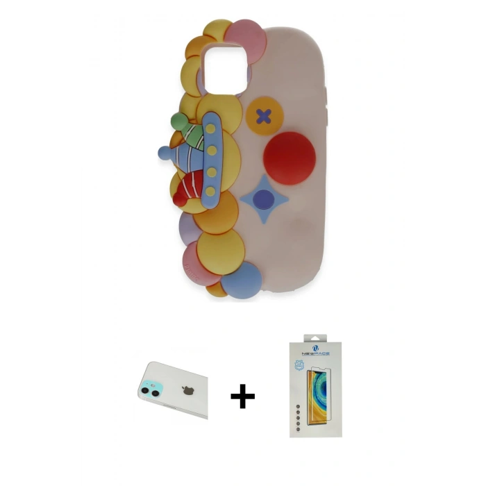 MARSİLYAN™- iPhone 12 Kılıf Akış Yansıma - Siyah Polymer Nano Ekran Koruyucu + Rainbow Kamera Lens Koruma Cam - YL
