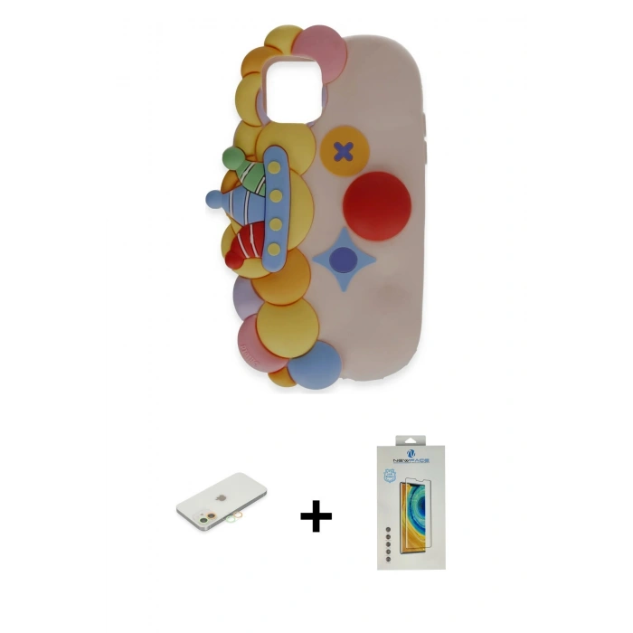 MARSİLYAN™- iPhone 12 Kılıf Akış Yansıma - Siyah Polymer Nano Ekran Koruyucu + Renkli Kamera Lens Koruma Cam - TU
