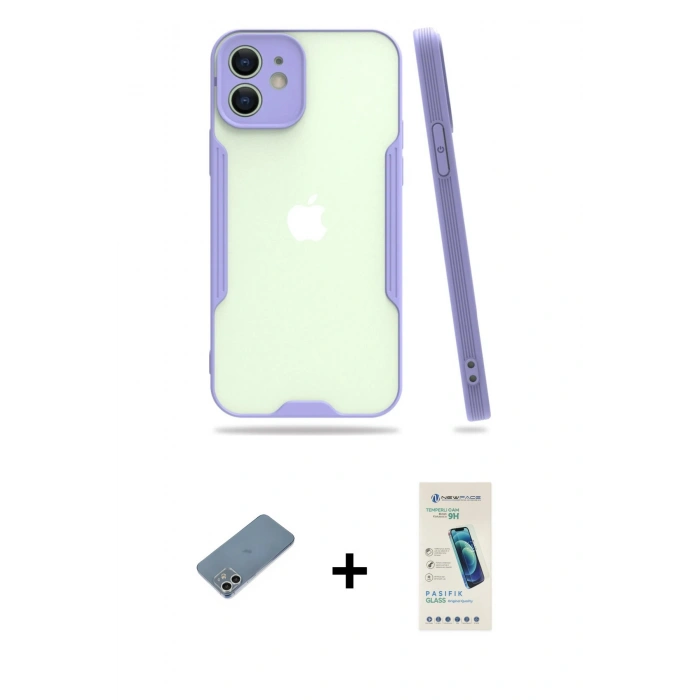 MARSİLYAN™- iPhone 12 Kılıf Atlas Asil Serisi - Şeffaf Pasifik Cam Ekran Koruyucu + Shine Kamera Lens Koruma Cam - GS