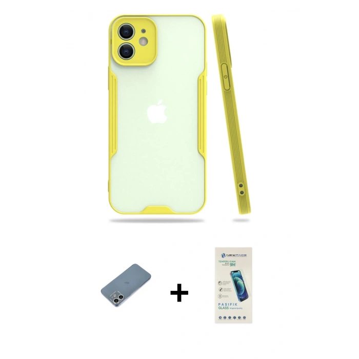 MARSİLYAN™- iPhone 12 Kılıf Atlas Asil Serisi - Şeffaf Pasifik Cam Ekran Koruyucu + Shine Kamera Lens Koruma Cam - GS