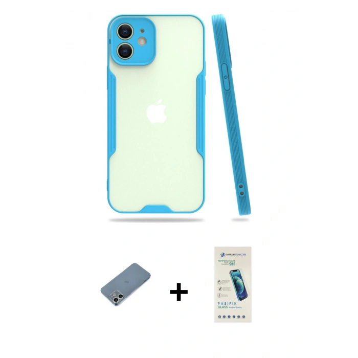 MARSİLYAN™- iPhone 12 Kılıf Atlas Asil Serisi - Şeffaf Pasifik Cam Ekran Koruyucu + Shine Kamera Lens Koruma Cam - GS