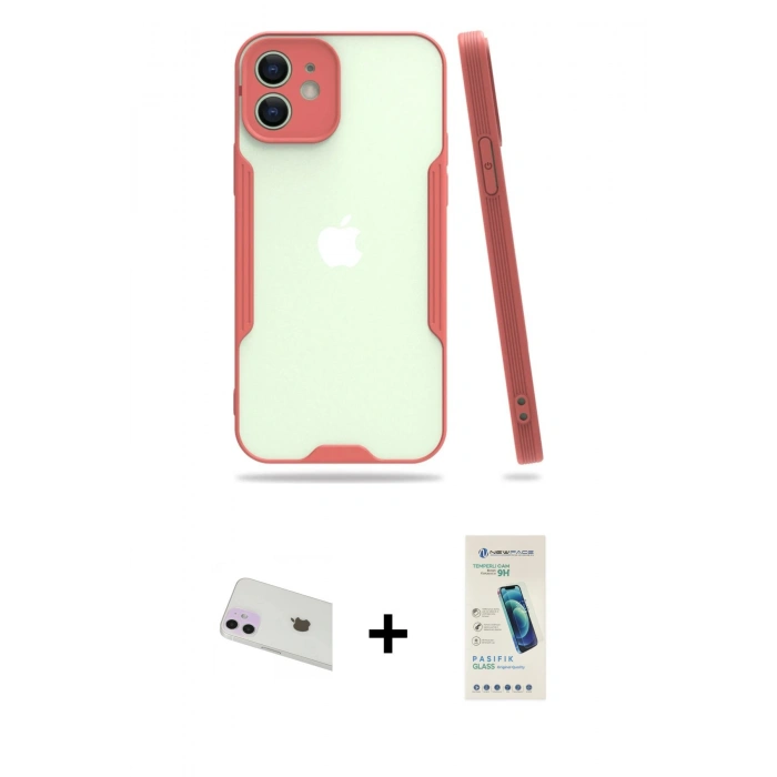MARSİLYAN™- iPhone 12 Kılıf Atlas Asil Serisi - Şeffaf Pasifik Cam Ekran Koruyucu + Rainbow Kamera Lens Koruma Cam - MR