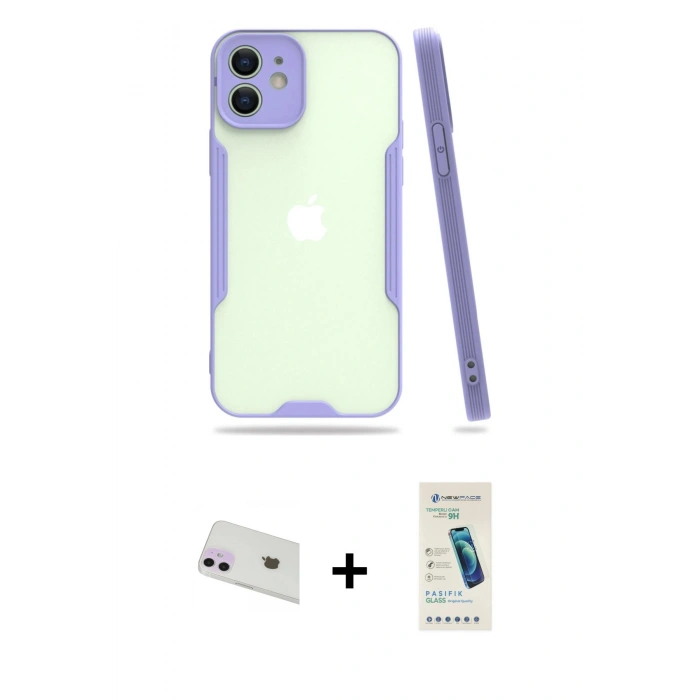MARSİLYAN™- iPhone 12 Kılıf Atlas Asil Serisi - Şeffaf Pasifik Cam Ekran Koruyucu + Rainbow Kamera Lens Koruma Cam - MR