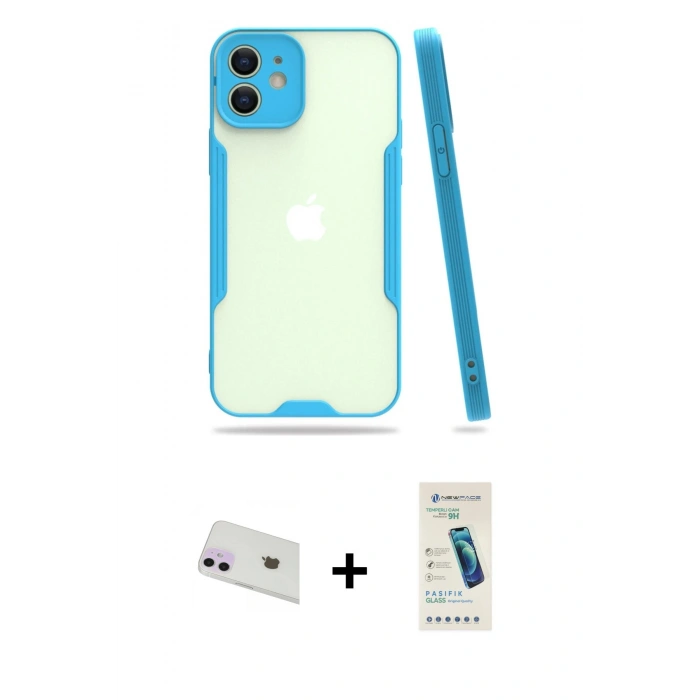 MARSİLYAN™- iPhone 12 Kılıf Atlas Asil Serisi - Şeffaf Pasifik Cam Ekran Koruyucu + Rainbow Kamera Lens Koruma Cam - MR