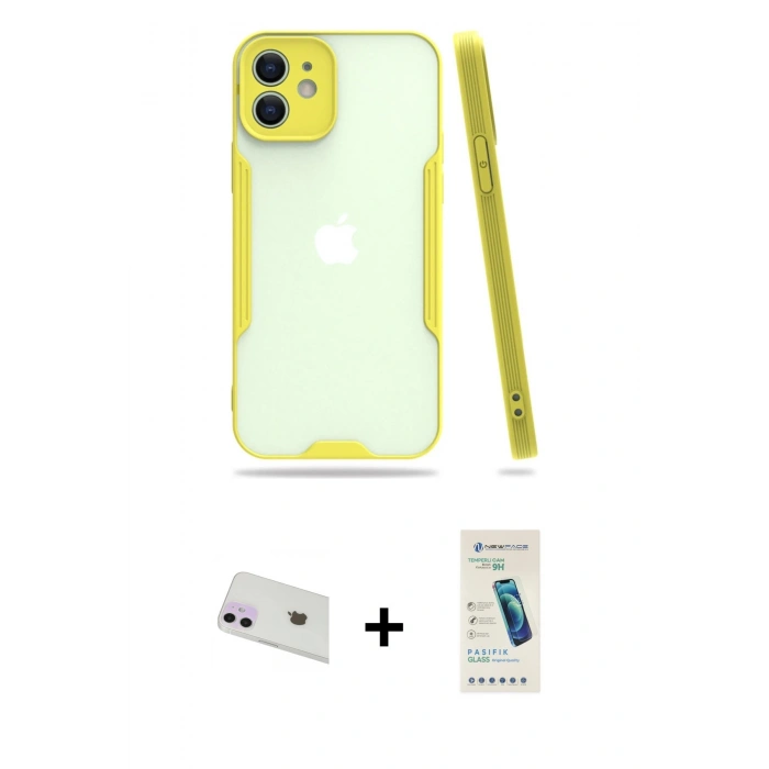 MARSİLYAN™- iPhone 12 Kılıf Atlas Asil Serisi - Şeffaf Pasifik Cam Ekran Koruyucu + Rainbow Kamera Lens Koruma Cam - MR