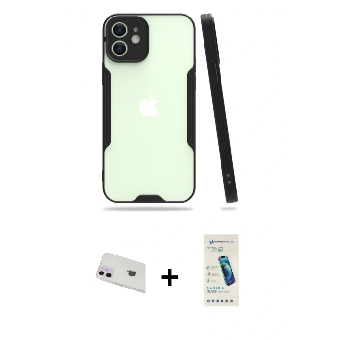 MARSİLYAN™- iPhone 12 Kılıf Atlas Asil Serisi - Şeffaf Pasifik Cam Ekran Koruyucu + Rainbow Kamera Lens Koruma Cam - MR