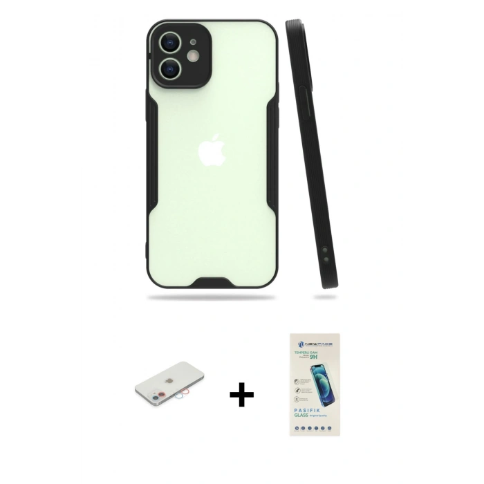 MARSİLYAN™- iPhone 12 Kılıf Atlas Asil Serisi - Şeffaf Pasifik Cam Ekran Koruyucu + Renkli Kamera Lens Koruma Cam - PE