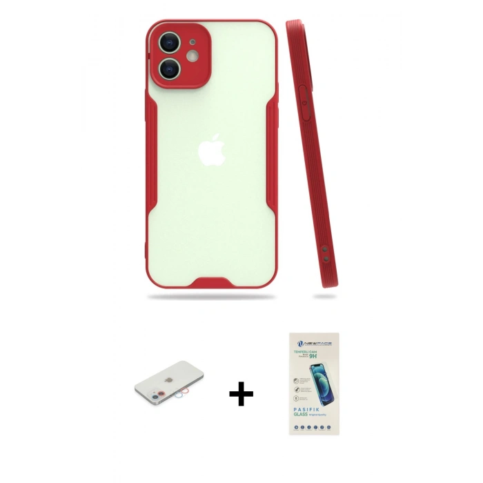 MARSİLYAN™- iPhone 12 Kılıf Atlas Asil Serisi - Şeffaf Pasifik Cam Ekran Koruyucu + Renkli Kamera Lens Koruma Cam - PE