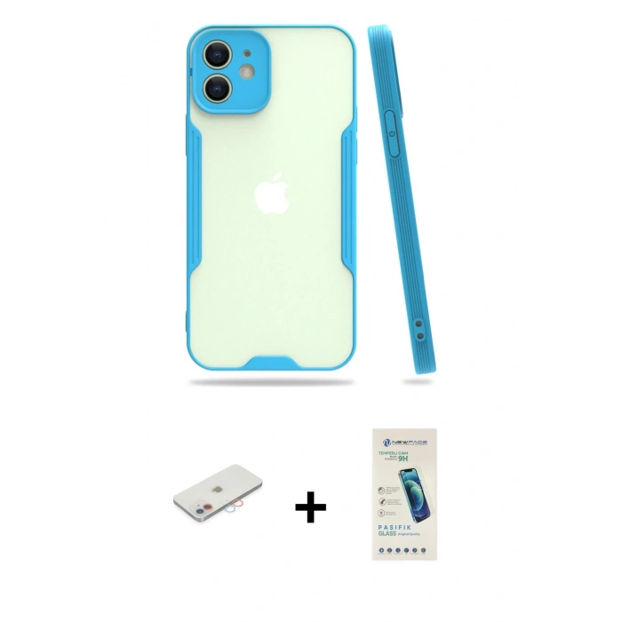 MARSİLYAN™- iPhone 12 Kılıf Atlas Asil Serisi - Şeffaf Pasifik Cam Ekran Koruyucu + Renkli Kamera Lens Koruma Cam - PE