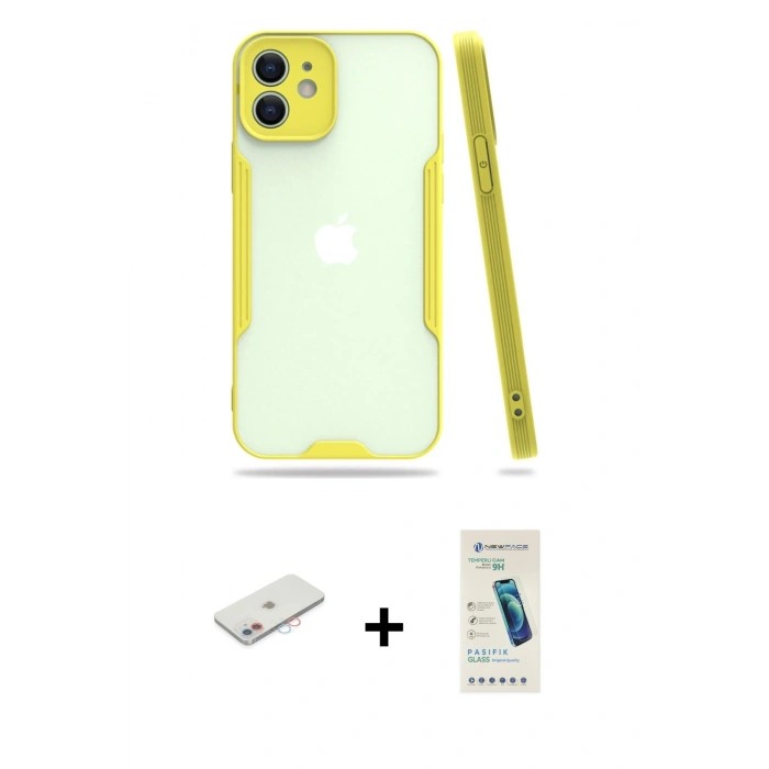 MARSİLYAN™- iPhone 12 Kılıf Atlas Asil Serisi - Şeffaf Pasifik Cam Ekran Koruyucu + Renkli Kamera Lens Koruma Cam - PE