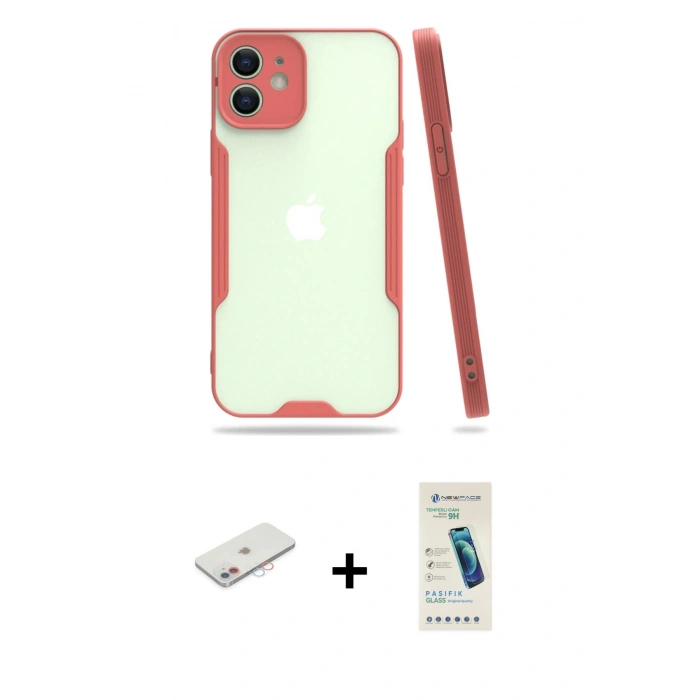 MARSİLYAN™- iPhone 12 Kılıf Atlas Asil Serisi - Şeffaf Pasifik Cam Ekran Koruyucu + Renkli Kamera Lens Koruma Cam - PE
