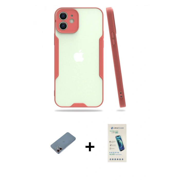 MARSİLYAN™- iPhone 12 Kılıf Atlas Asil Serisi - Şeffaf Pasifik Cam Ekran Koruyucu + Shine Kamera Lens Koruma Cam - PE