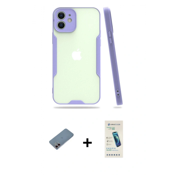 MARSİLYAN™- iPhone 12 Kılıf Atlas Asil Serisi - Şeffaf Pasifik Cam Ekran Koruyucu + Shine Kamera Lens Koruma Cam - PE