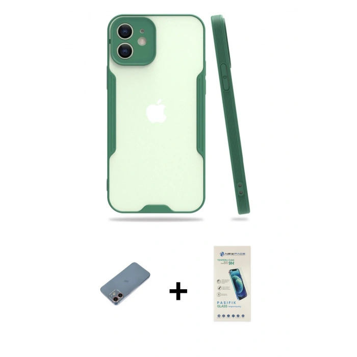 MARSİLYAN™- iPhone 12 Kılıf Atlas Asil Serisi - Şeffaf Pasifik Cam Ekran Koruyucu + Shine Kamera Lens Koruma Cam - PE