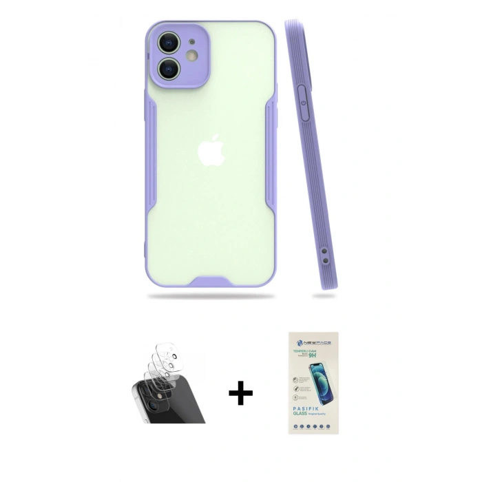 MARSİLYAN™- iPhone 12 Kılıf Atlas Asil Serisi - Şeffaf Pasifik Cam Ekran Koruyucu + Kamera Lens Koruma Cam - SF