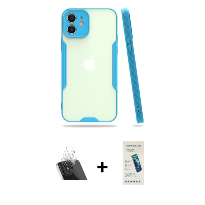 MARSİLYAN™- iPhone 12 Kılıf Atlas Asil Serisi - Şeffaf Pasifik Cam Ekran Koruyucu + Kamera Lens Koruma Cam - SF