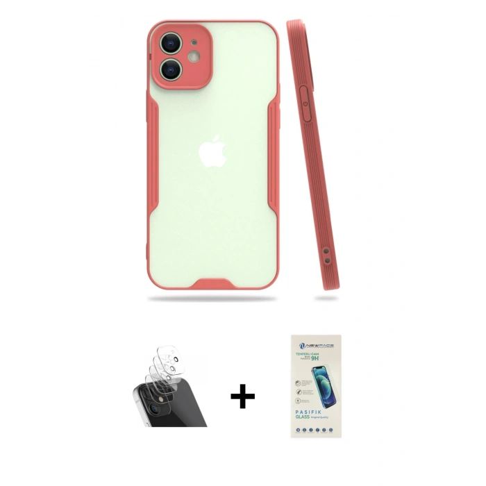 MARSİLYAN™- iPhone 12 Kılıf Atlas Asil Serisi - Şeffaf Pasifik Cam Ekran Koruyucu + Kamera Lens Koruma Cam - SF