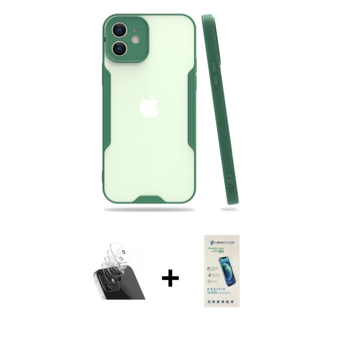 MARSİLYAN™- iPhone 12 Kılıf Atlas Asil Serisi - Şeffaf Pasifik Cam Ekran Koruyucu + Kamera Lens Koruma Cam - SF