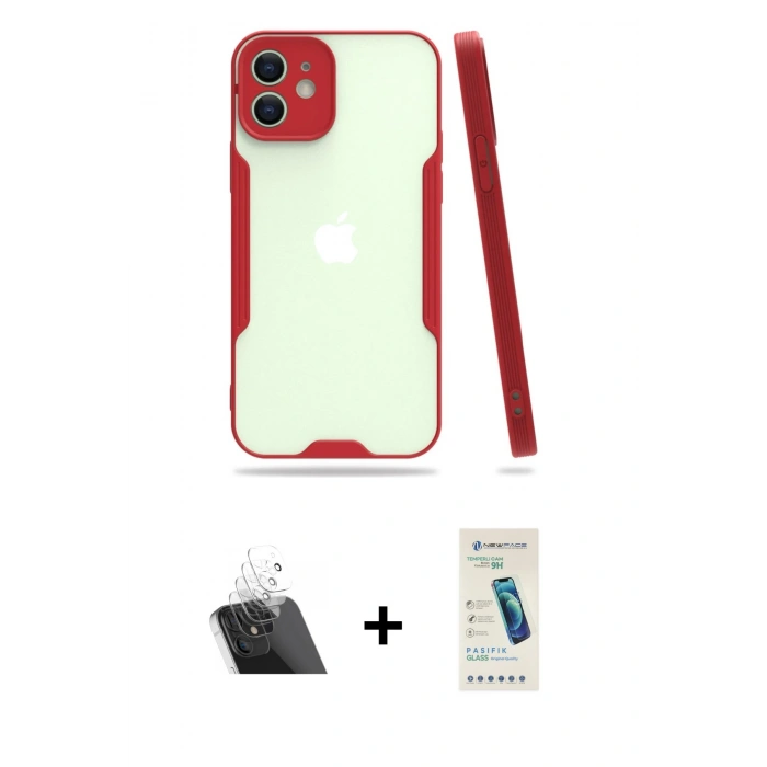 MARSİLYAN™- iPhone 12 Kılıf Atlas Asil Serisi - Şeffaf Pasifik Cam Ekran Koruyucu + Kamera Lens Koruma Cam - SF