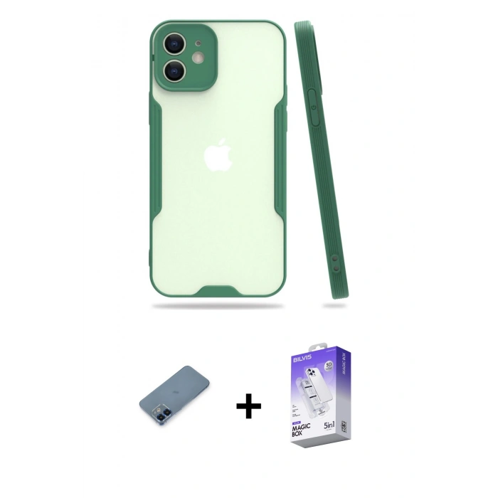 MARSİLYAN™- iPhone 12 Kılıf Atlas Asil Serisi - Siyah Bilvis 5in1 3D Magic Cam Ekran Koruyucu + Metal Kamera Lens Koruma Cam - MI