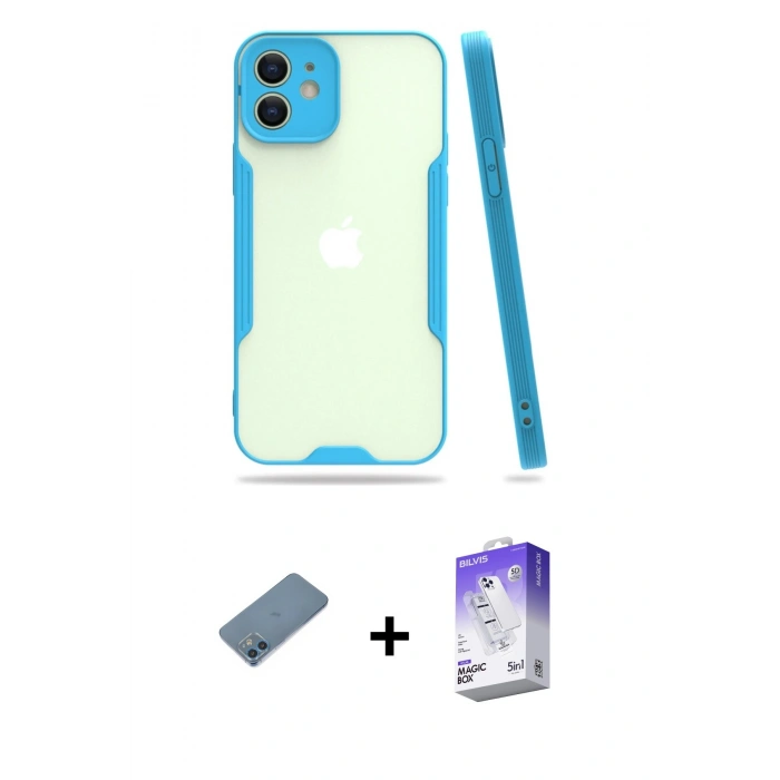 MARSİLYAN™- iPhone 12 Kılıf Atlas Asil Serisi - Siyah Bilvis 5in1 3D Magic Cam Ekran Koruyucu + Shine Kamera Lens Koruma Cam - MI