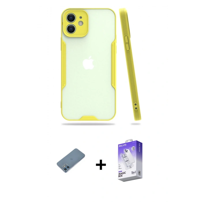 MARSİLYAN™- iPhone 12 Kılıf Atlas Asil Serisi - Siyah Bilvis 5in1 3D Magic Cam Ekran Koruyucu + Shine Kamera Lens Koruma Cam - MI